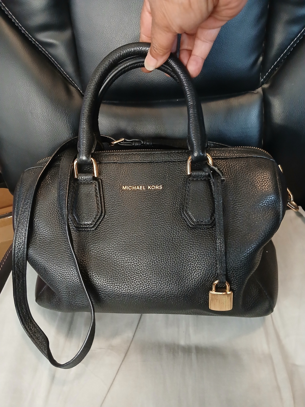 Michael Kors Black Pebbled Leather Satchel with Gold Hardware